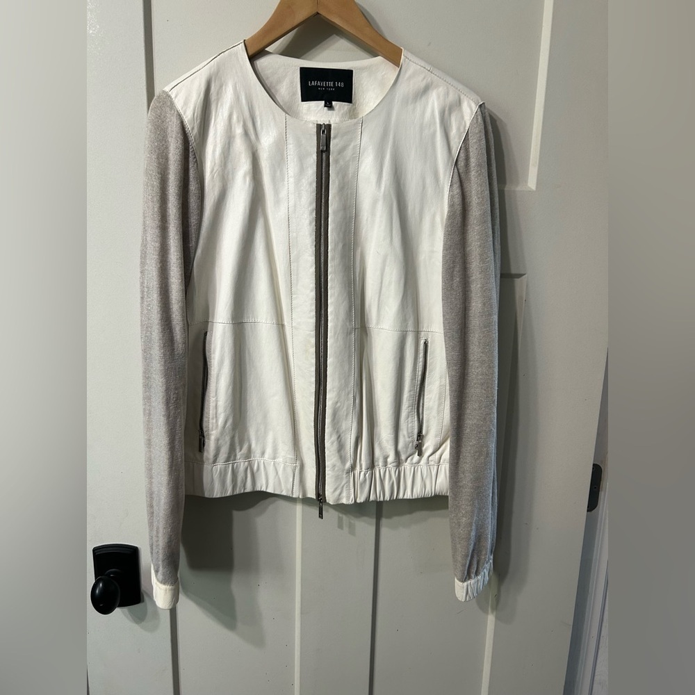 Lafayette 148 Leather linen sleeve zip up Moto Jacket Off white/Ivory Grey
